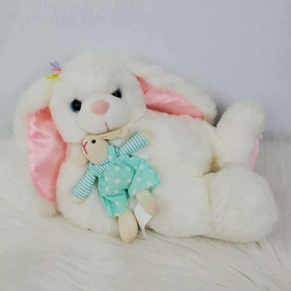 Vintage TB Trading DanDee White Laying Bunny Rabbit Plush Holding Bunny Doll 12"